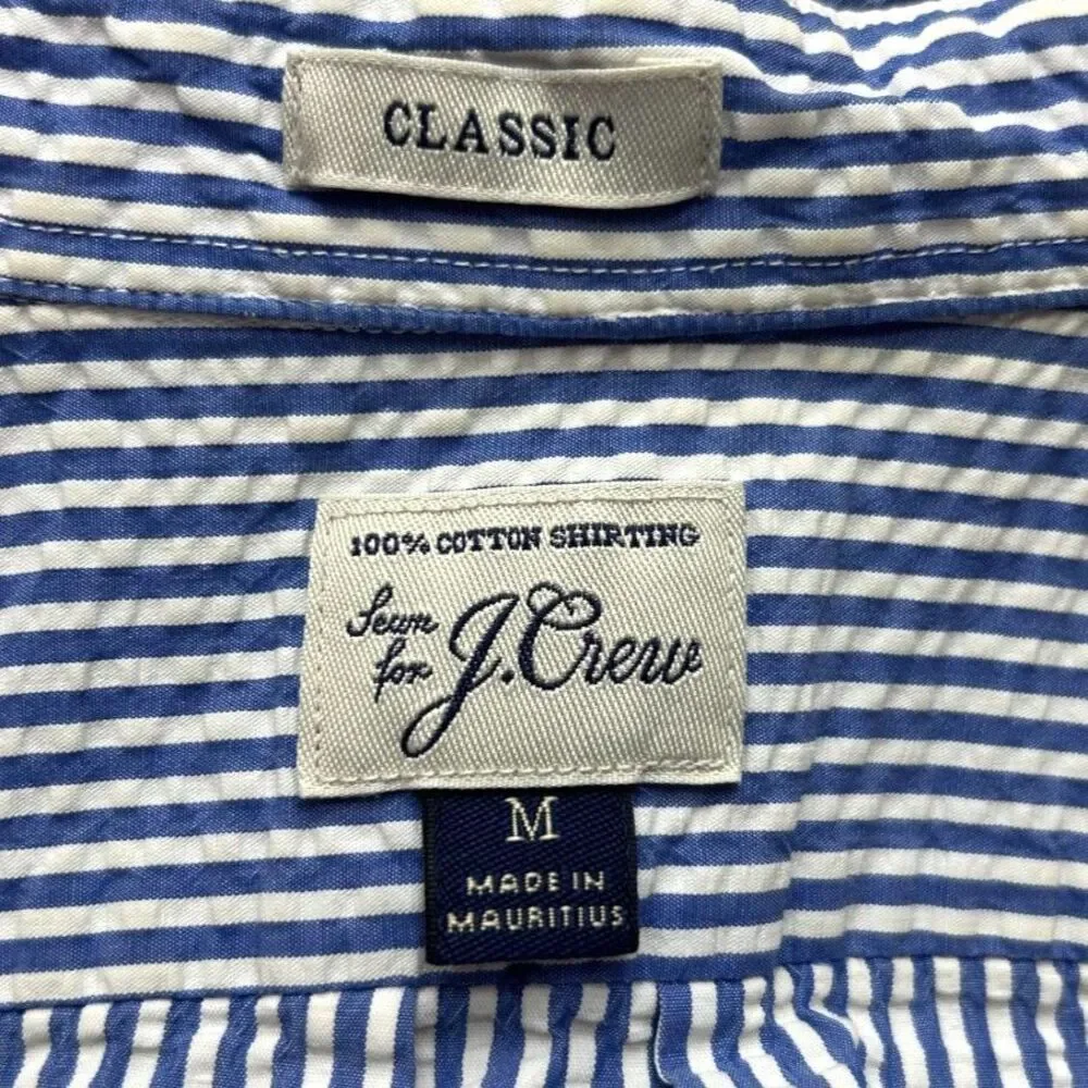 J. Crew Mens Blue Striped Shirt Sz M Seersucker Nautical Coastal Preppy Cotton